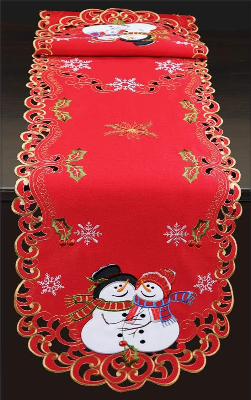 Holiday Christmas Table Runner Embroidered Snowman Snowflake Poinsettia Oval Dresser Scarf Red Gold (15X69” Red)
