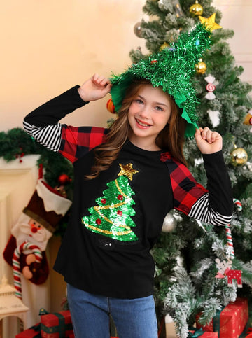 Girls Christmas Raglan Shirt Casual Leopard Stripe Patchwork Tunic Top 4-14 Years