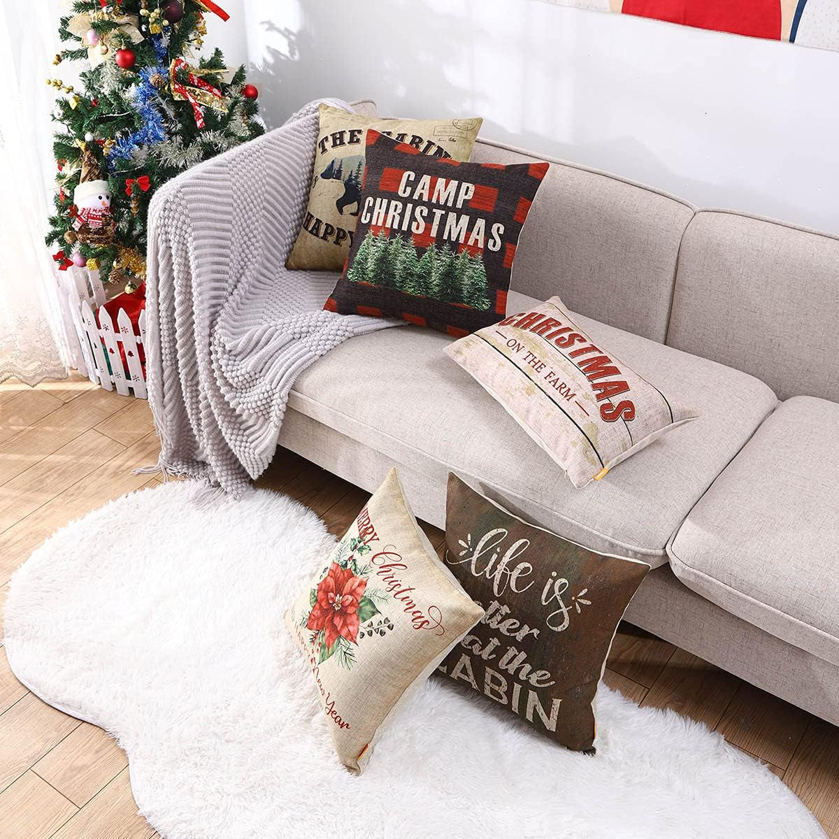 18X18 Christmas Pillow Covers Happy New Year Holiday Decor Decorative Cushion Case for Sofa Couch Poinsettia Throw Pillowcase CC1854