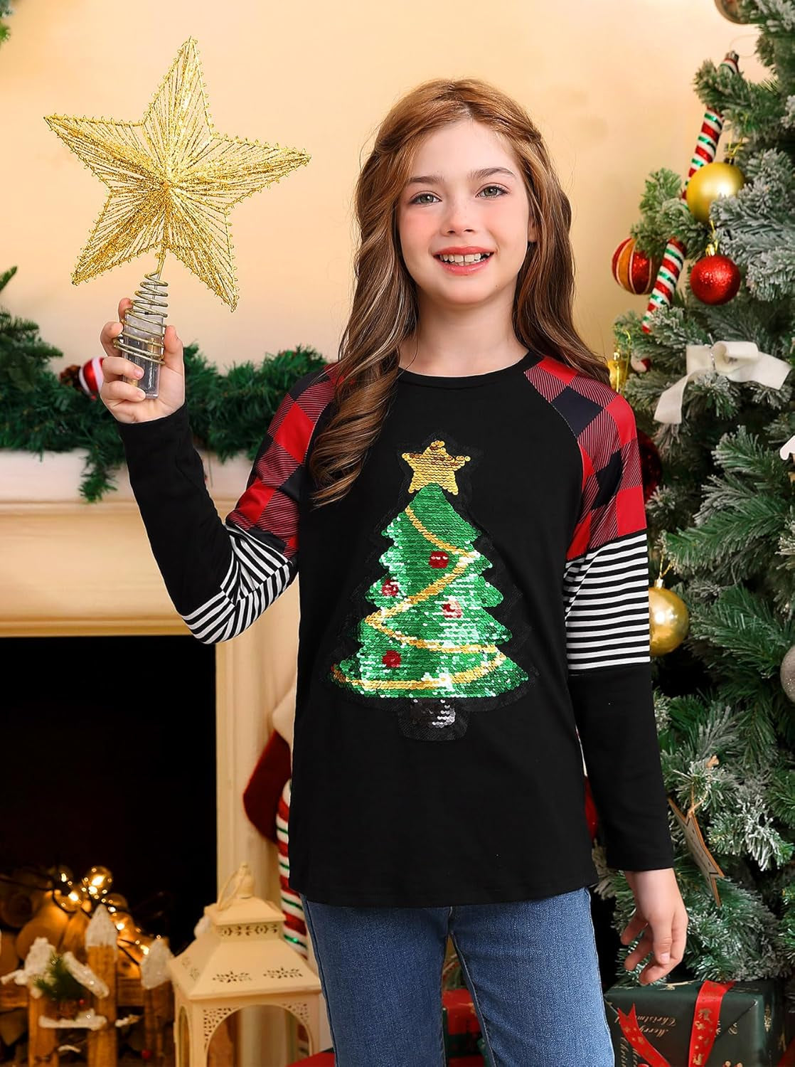 Girls Christmas Raglan Shirt Casual Leopard Stripe Patchwork Tunic Top 4-14 Years