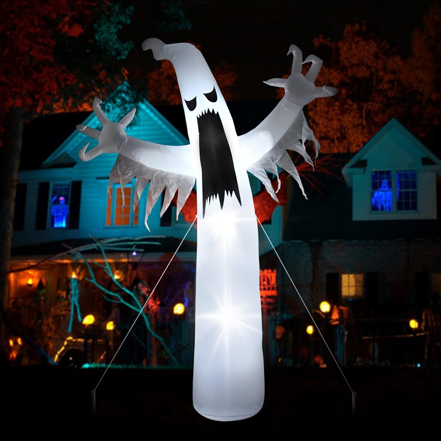 Inflatable Ghost, 12 FT Halloween Inflatable Ghost Decoration Halloween White Ghost Yard Decor for Party Display, Blow up Outdoor Indoor Holiday Decorations with White LED Light.