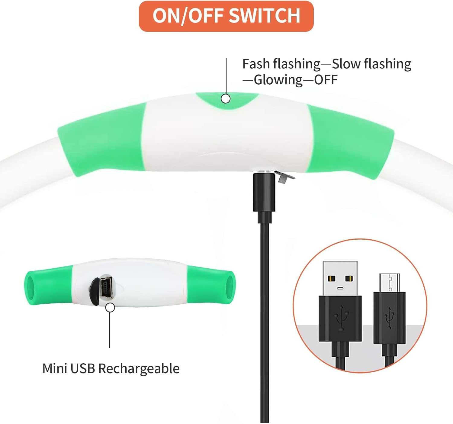 Led Dog Collar Light up Dog Collars,Dog Lights for Night Walking,Glow in the Dark Dog Collar for Large Medium Small Dogs,Usb Rechargeable Kbtzc（Green）
