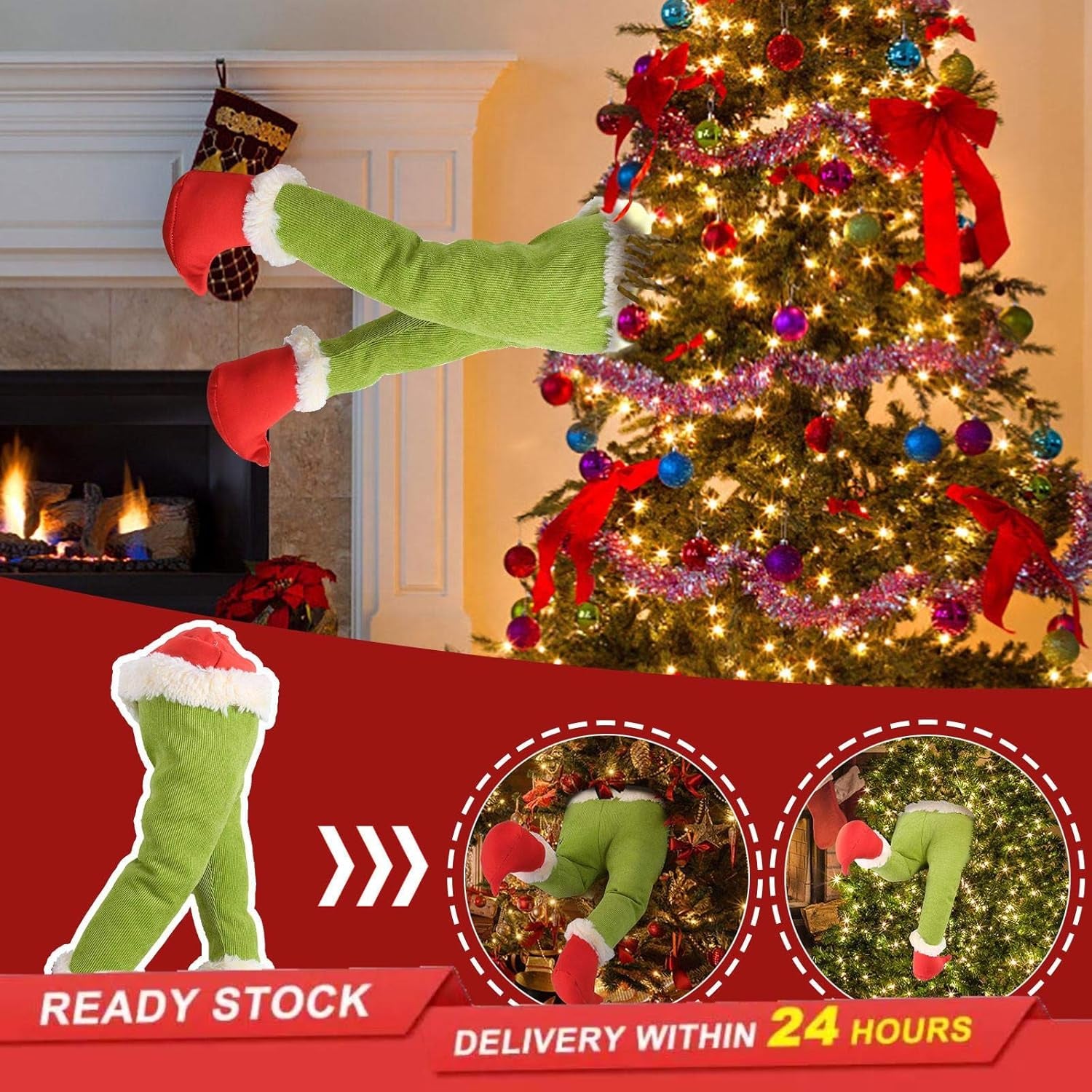 Green Christmas Decorations Stole Xmas Tree Decorations, Elf Head/ Arm/ Leg for Christmas Tree , Elf Ornaments Green Tree Topper Christmas Elf Body Tree Decorations (Elf Leg)