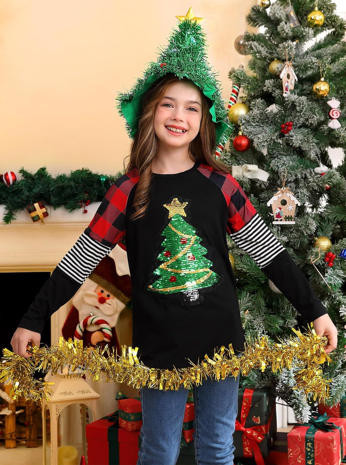 Girls Christmas Raglan Shirt Casual Leopard Stripe Patchwork Tunic Top 4-14 Years