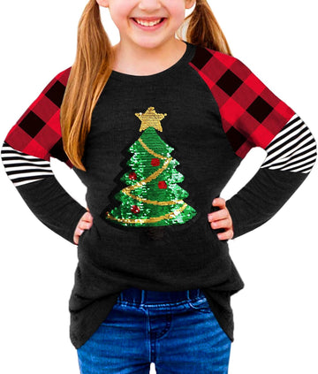 Girls Christmas Raglan Shirt Casual Leopard Stripe Patchwork Tunic Top 4-14 Years