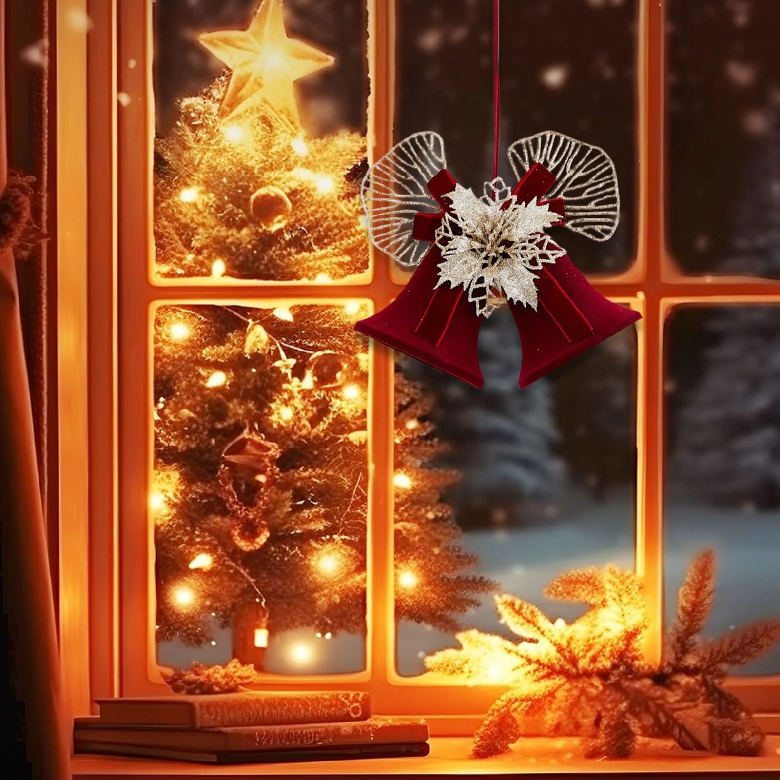 Metal Double Bells with Bow Hanging Christmas Decoration,Bells Pendants with Plush Gold Flowers,For Mall Stores Holiday Activities Christmas Tree Decorations Accessories Layout