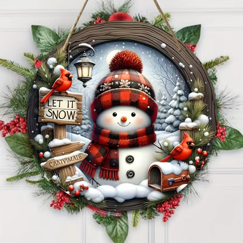 7.9" Christmas Wreath Centerpiece Decoration - Acrylic round Holiday Wall Door Hanging Ornament Snowman Christmas Home Decor