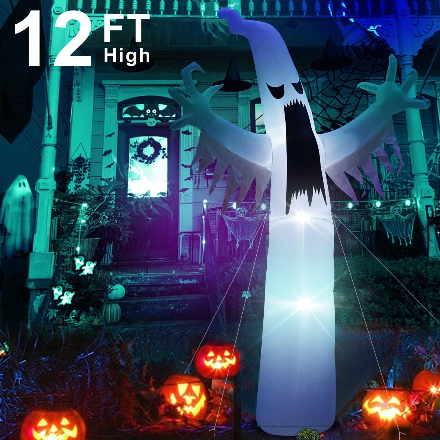 Inflatable Ghost, 12 FT Halloween Inflatable Ghost Decoration Halloween White Ghost Yard Decor for Party Display, Blow up Outdoor Indoor Holiday Decorations with White LED Light.