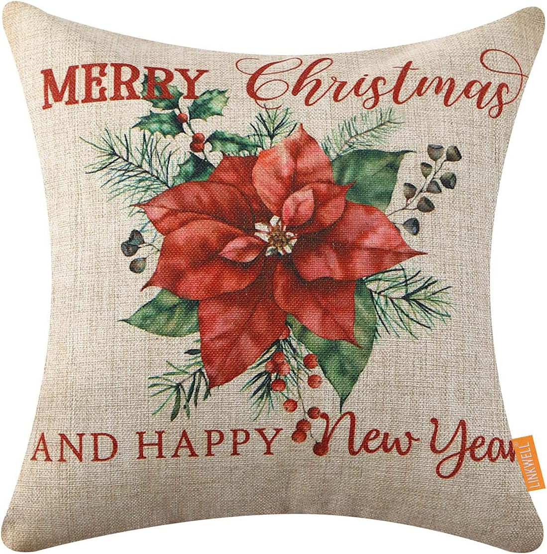 18X18 Christmas Pillow Covers Happy New Year Holiday Decor Decorative Cushion Case for Sofa Couch Poinsettia Throw Pillowcase CC1854
