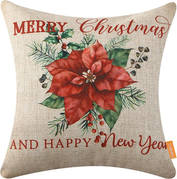18X18 Christmas Pillow Covers Happy New Year Holiday Decor Decorative Cushion Case for Sofa Couch Poinsettia Throw Pillowcase CC1854