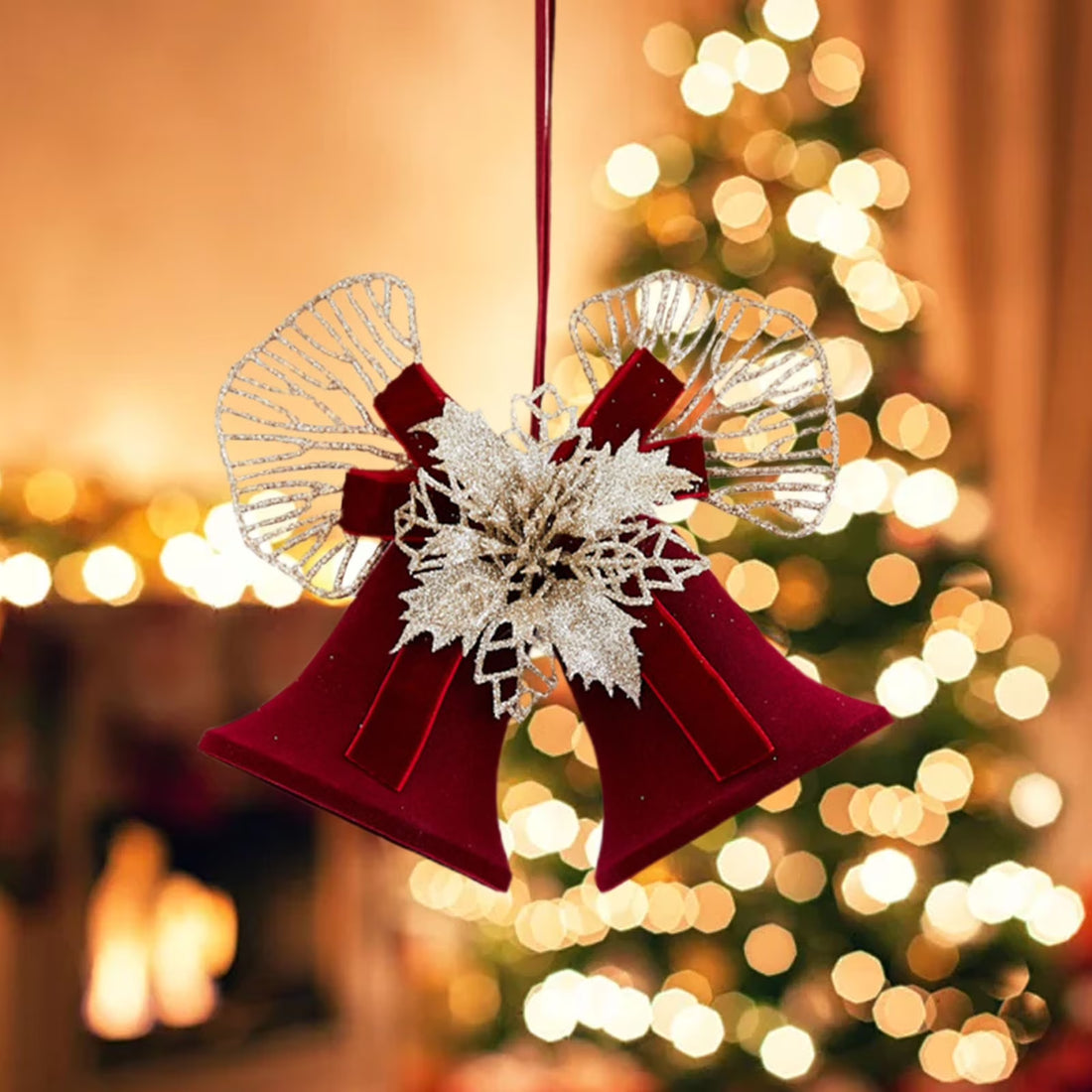 Metal Double Bells with Bow Hanging Christmas Decoration,Bells Pendants with Plush Gold Flowers,For Mall Stores Holiday Activities Christmas Tree Decorations Accessories Layout