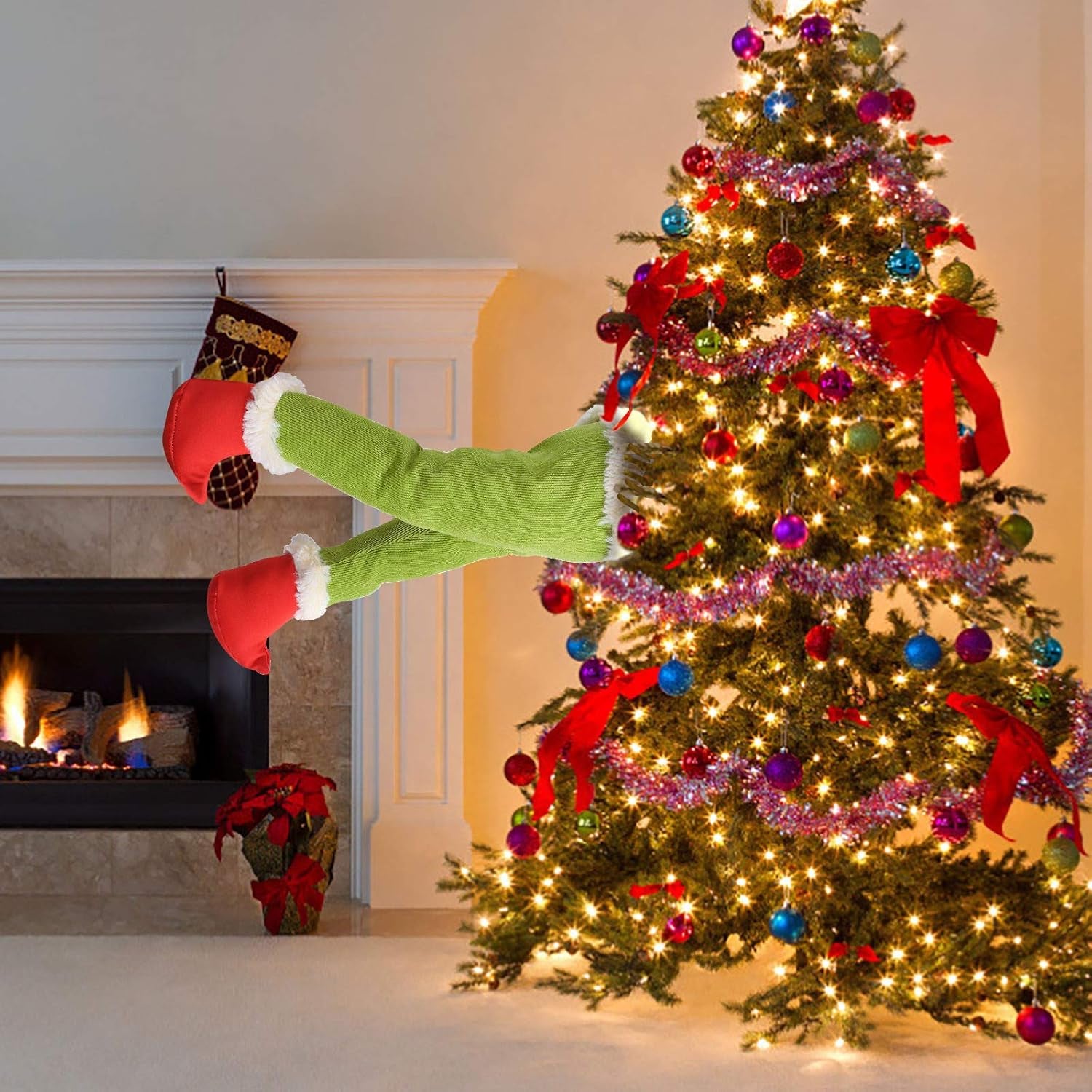 Green Christmas Decorations Stole Xmas Tree Decorations, Elf Head/ Arm/ Leg for Christmas Tree , Elf Ornaments Green Tree Topper Christmas Elf Body Tree Decorations (Elf Leg)