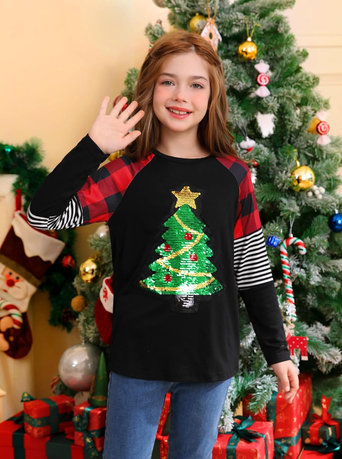 Girls Christmas Raglan Shirt Casual Leopard Stripe Patchwork Tunic Top 4-14 Years