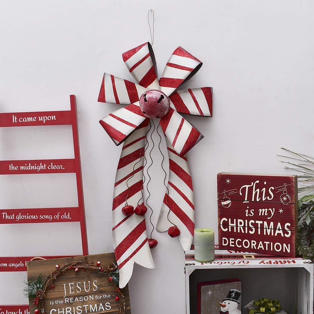 Large Christmas Wreath Bow Hanging Ornament Set of 2, 26" by 12" Rustic Metal Red Bow with Christmas Jingle Bell Ornament Decorative Garland for Xmas Party Door Home Decoration Wall Art Decor