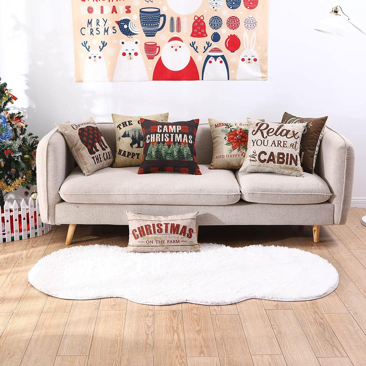 18X18 Christmas Pillow Covers Happy New Year Holiday Decor Decorative Cushion Case for Sofa Couch Poinsettia Throw Pillowcase CC1854
