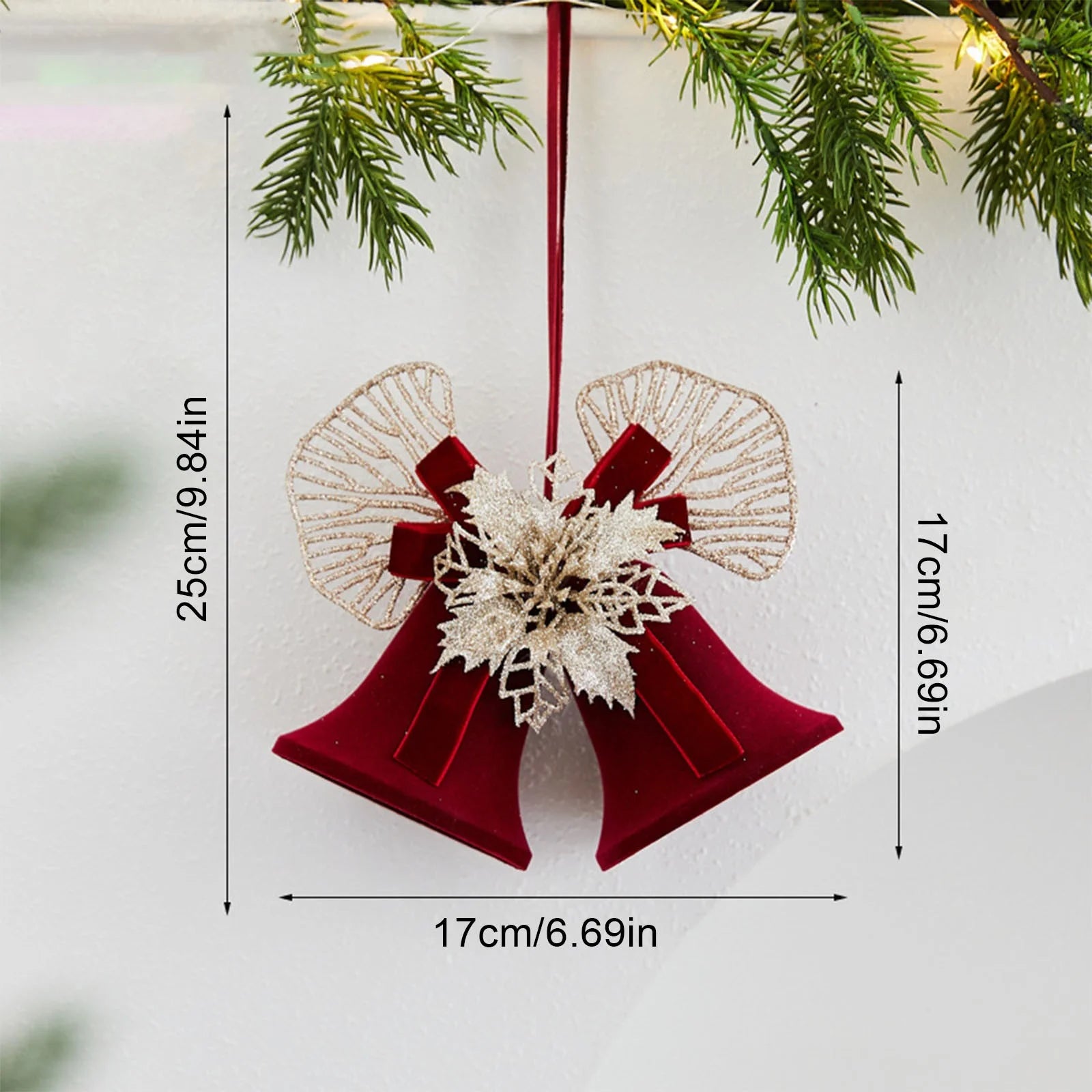 Metal Double Bells with Bow Hanging Christmas Decoration,Bells Pendants with Plush Gold Flowers,For Mall Stores Holiday Activities Christmas Tree Decorations Accessories Layout