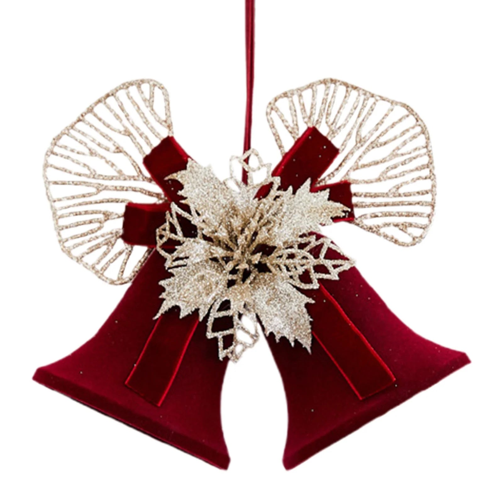 Metal Double Bells with Bow Hanging Christmas Decoration,Bells Pendants with Plush Gold Flowers,For Mall Stores Holiday Activities Christmas Tree Decorations Accessories Layout