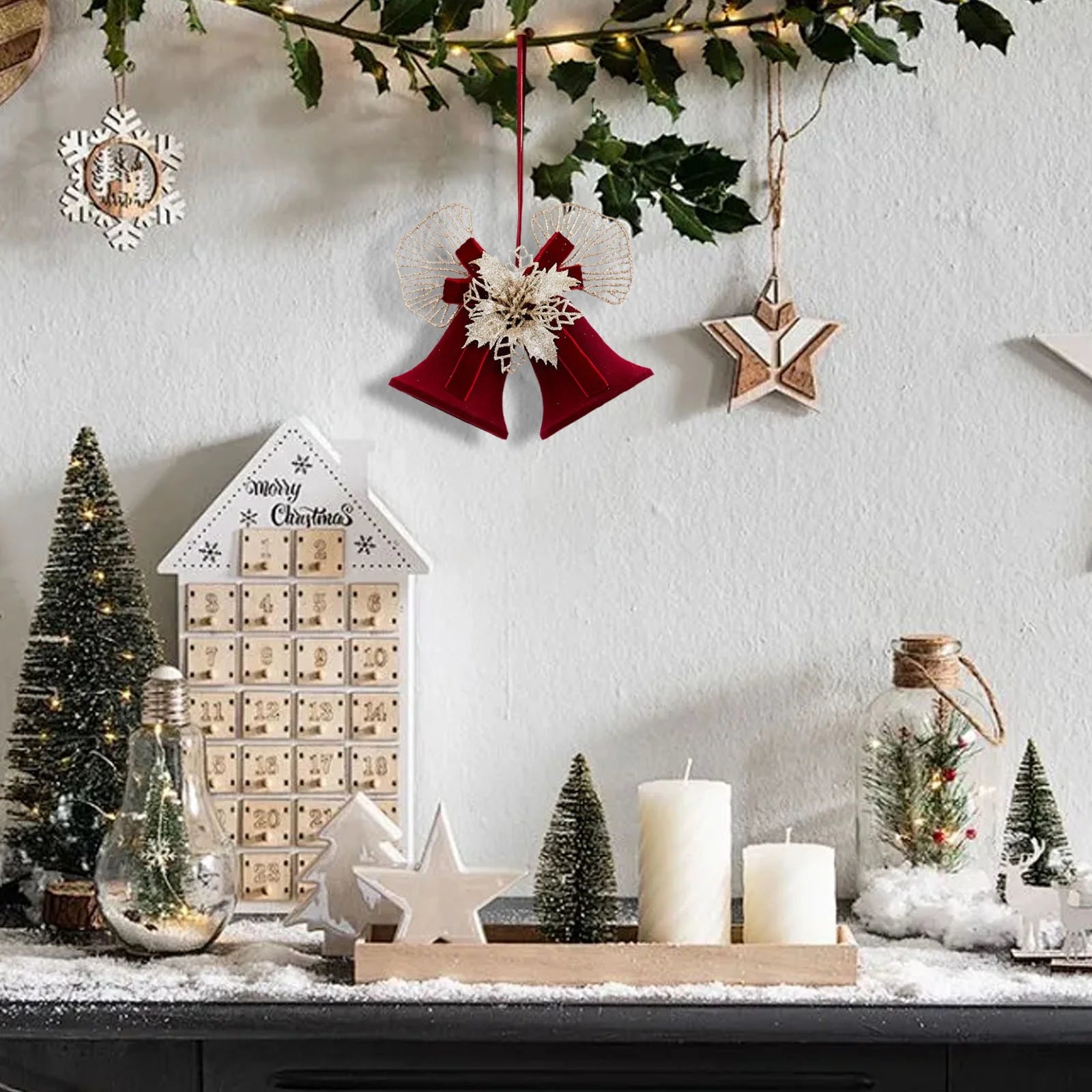 Metal Double Bells with Bow Hanging Christmas Decoration,Bells Pendants with Plush Gold Flowers,For Mall Stores Holiday Activities Christmas Tree Decorations Accessories Layout
