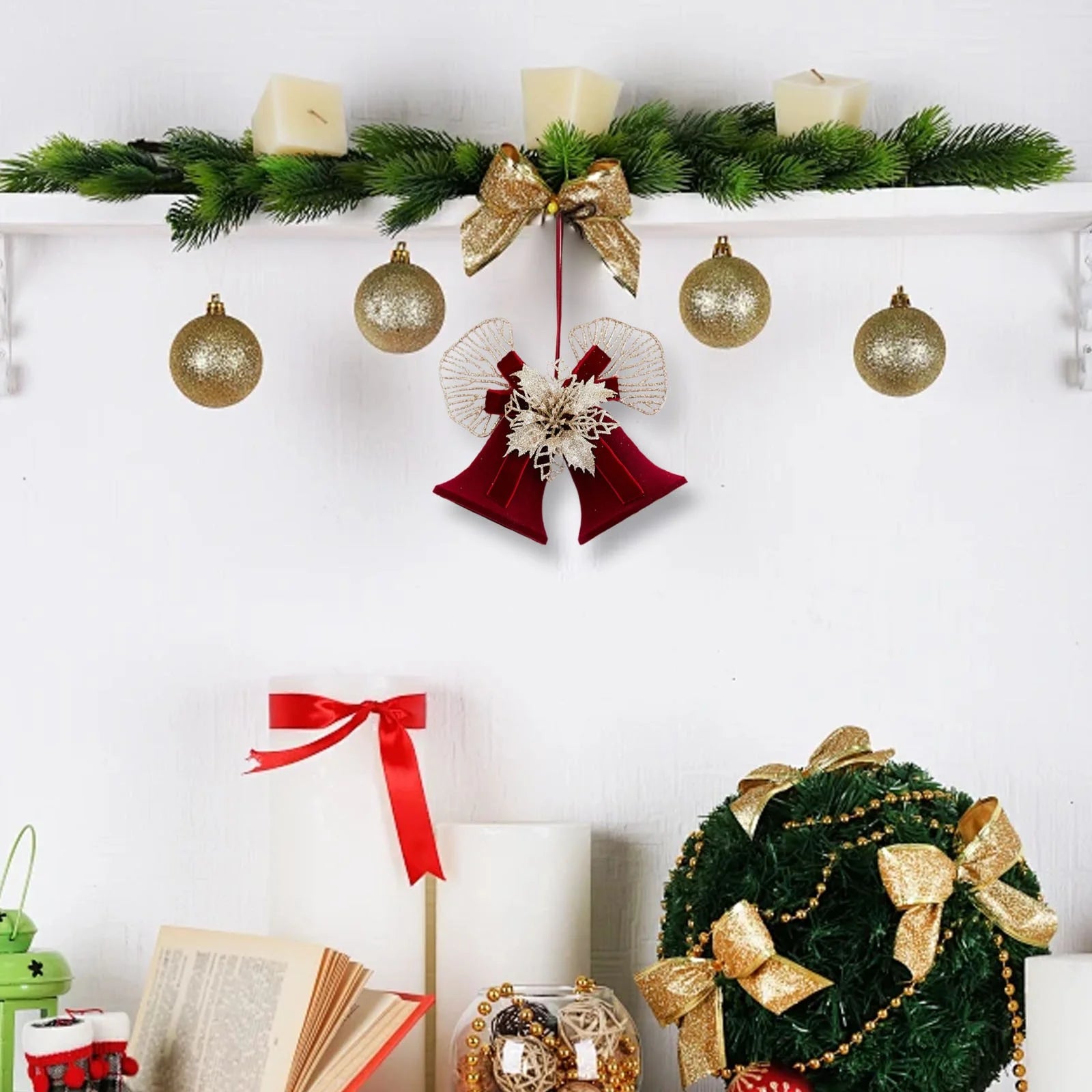 Metal Double Bells with Bow Hanging Christmas Decoration,Bells Pendants with Plush Gold Flowers,For Mall Stores Holiday Activities Christmas Tree Decorations Accessories Layout