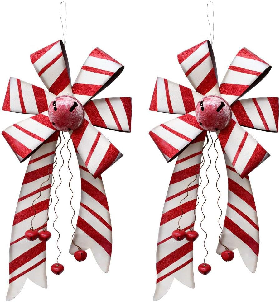 Large Christmas Wreath Bow Hanging Ornament Set of 2, 26" by 12" Rustic Metal Red Bow with Christmas Jingle Bell Ornament Decorative Garland for Xmas Party Door Home Decoration Wall Art Decor