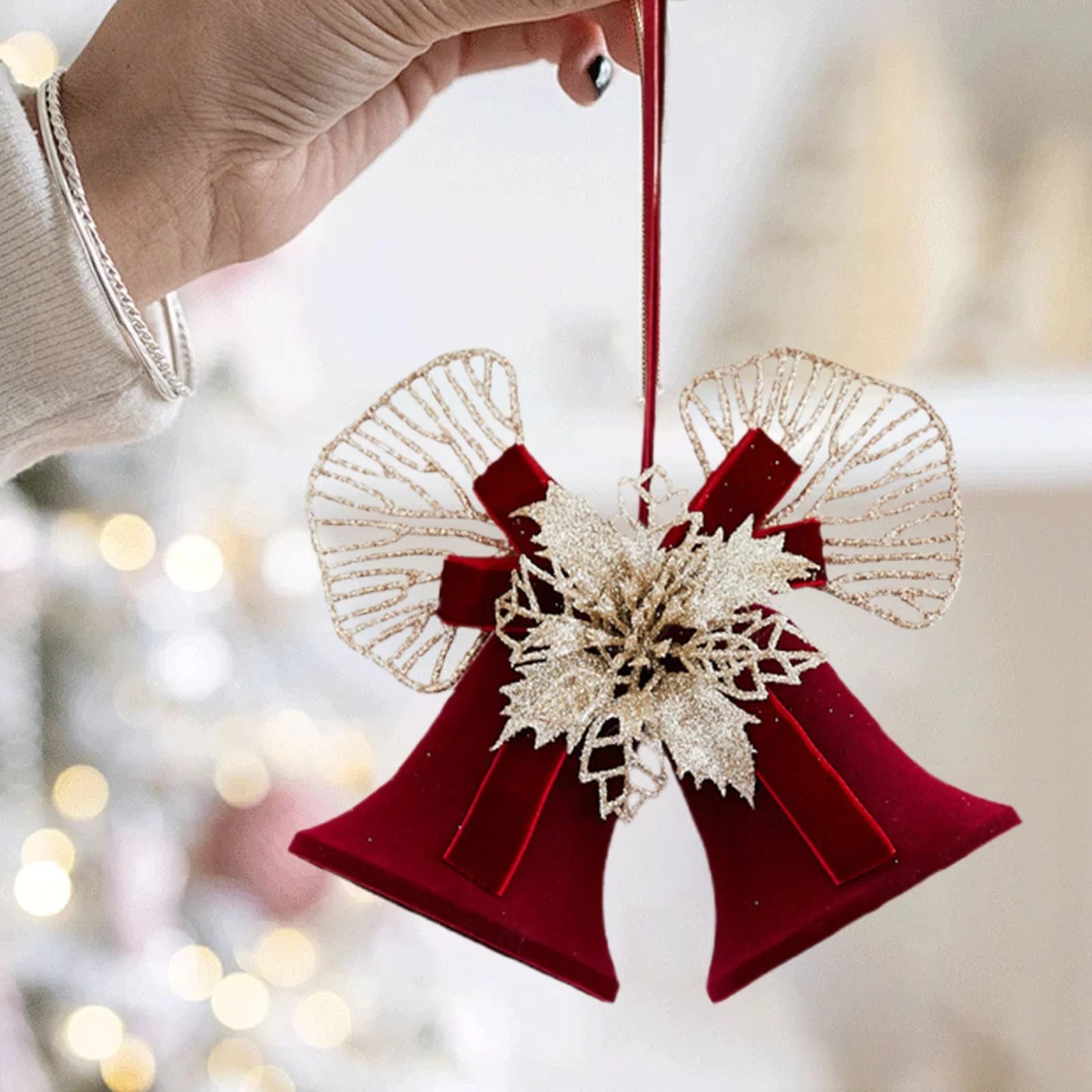 Metal Double Bells with Bow Hanging Christmas Decoration,Bells Pendants with Plush Gold Flowers,For Mall Stores Holiday Activities Christmas Tree Decorations Accessories Layout