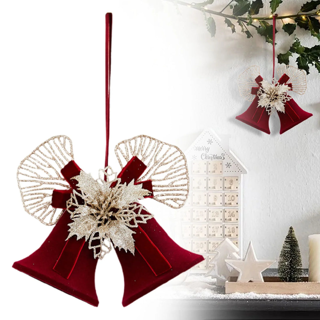 Metal Double Bells with Bow Hanging Christmas Decoration,Bells Pendants with Plush Gold Flowers,For Mall Stores Holiday Activities Christmas Tree Decorations Accessories Layout