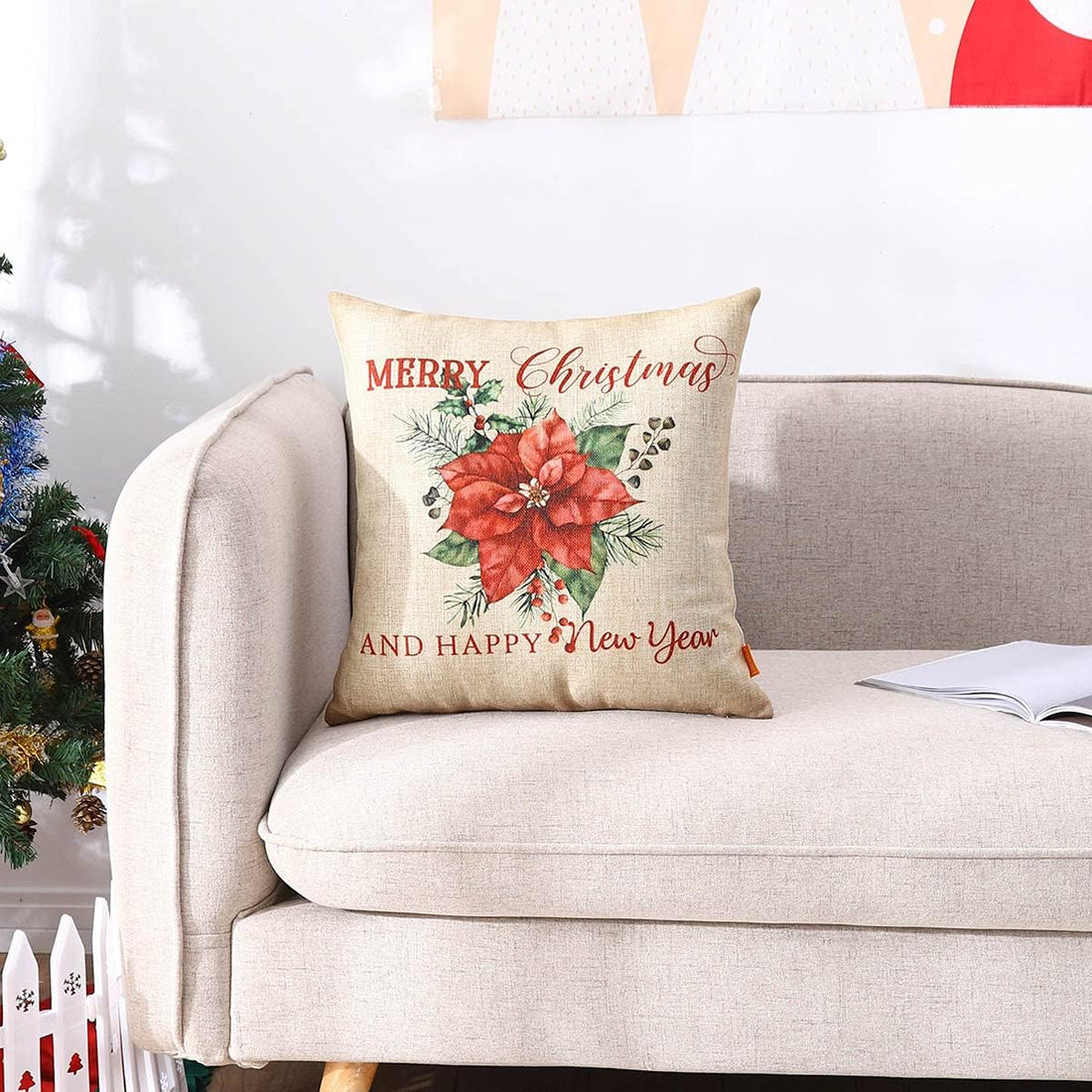18X18 Christmas Pillow Covers Happy New Year Holiday Decor Decorative Cushion Case for Sofa Couch Poinsettia Throw Pillowcase CC1854